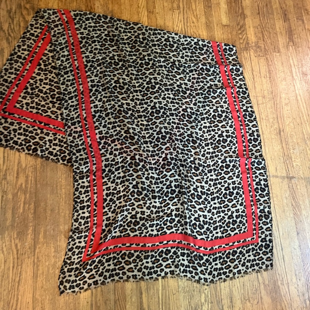 Leopard Print Scarf with Red Accents